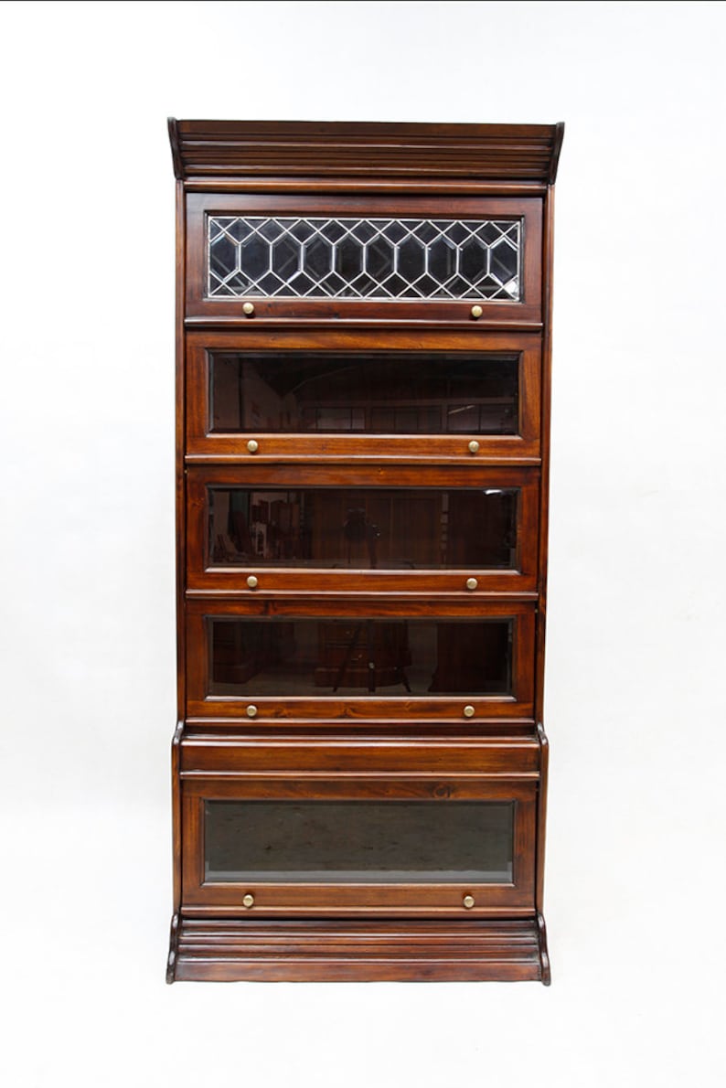 Mahogany Wood 5 Door Barrister Bookcase with Leaded Glass Top Etsy