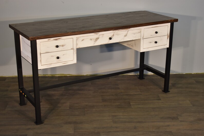 Rustic Style Solid Reclaimed Wood 60 Desk Library Table With 5 Drawers In Distressed White
