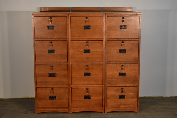 Set Of 3 Mission Style Solid Oak 4 Drawer File Cabinet With Locking Drawers