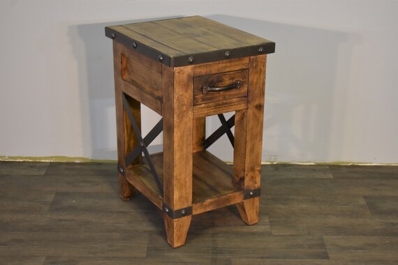 Rustic Industrial Solid Wood 1 Drawer Side Table Narrow - Solid Wood Narrow End Tables