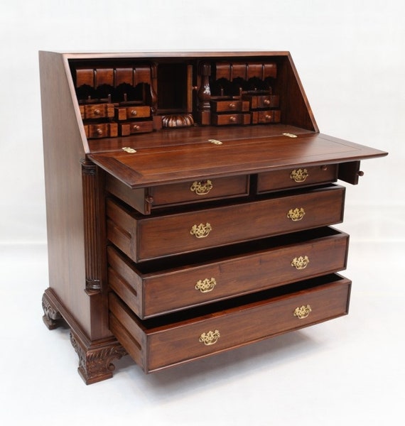 Solid Mahogany Wood Secretary Desk With Three Drawers Brown Etsy