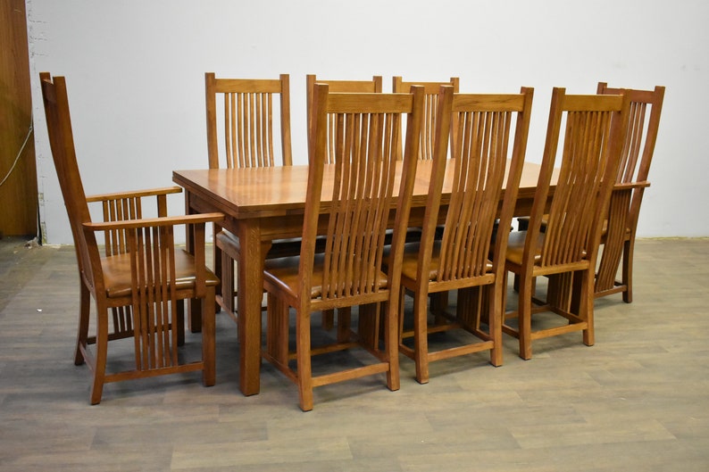 Mission Oak Dining Table With 2 Leaves And 8 High Back Chairs Golden Brown