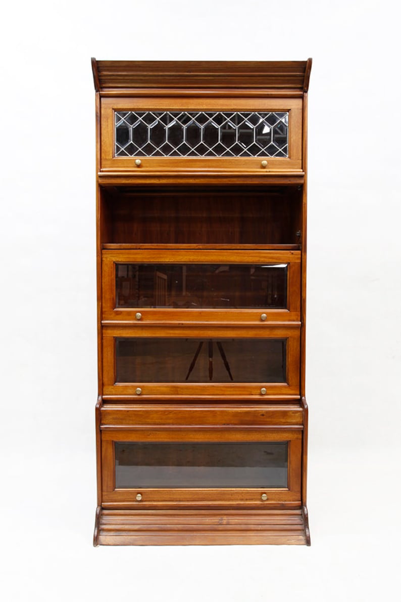 Mahogany Wood 5 Door Barrister Bookcase with Leaded Glass Top Etsy