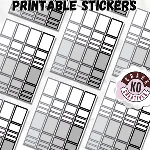 May include: Printable stickers with a grid pattern in black and grey. The stickers are designed for use in a planner or journal.