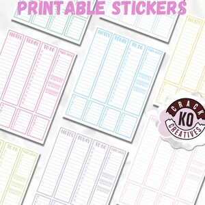 May include: Printable stickers with a pastel color scheme. Each sticker has a section for notes, today's tasks, to-do list, and this week's tasks. The text "NOTES", "TODAY", "TO DO", and "THIS WEEK" is printed on each sticker.