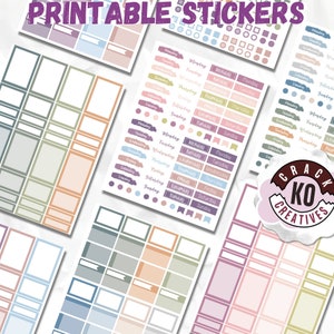 May include: A collection of printable stickers in pastel shades. The stickers include shapes, boxes, and labels, ideal for planning. The text "PRINTABLE STICKERS" is at the top. The stickers are in shades of pink, purple, blue, and green.