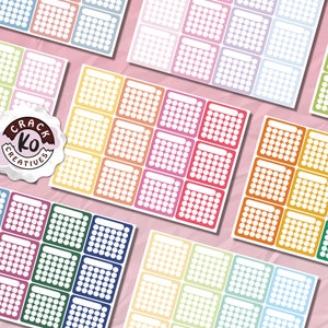 May include: A set of 10 colorful printable sticker sheets with 36 blank circles on each sheet. The sheets are designed for use with a planner or bullet journal.
