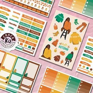 May include: A set of printable fall-themed planner stickers featuring illustrations of people wearing sweaters, hats, and boots, along with pumpkins, candles, and leaves. The stickers also include days of the week, "Hello Autumn", and "M T W Th F Sa Su" abbreviations.