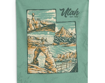 Utah Illustrated Map Wall Tapestry, Utah National Parks Travel Tapestry, Utah Mighty Five Art