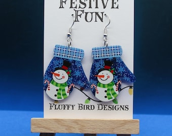 Christmas Snowman Mitten Earrings – Blue Glitter Festive Winter Acrylic Jewellery – Stocking Filler