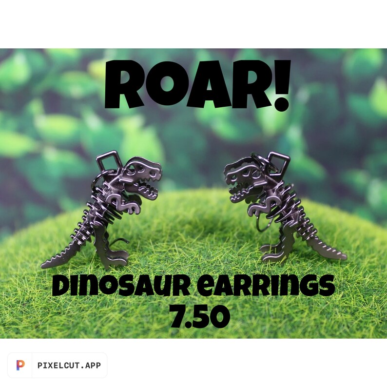 May include: A pair of silver dinosaur skeleton earrings. The earrings are on a green background with the text "ROAR! Dinosaur earrings 7.50".