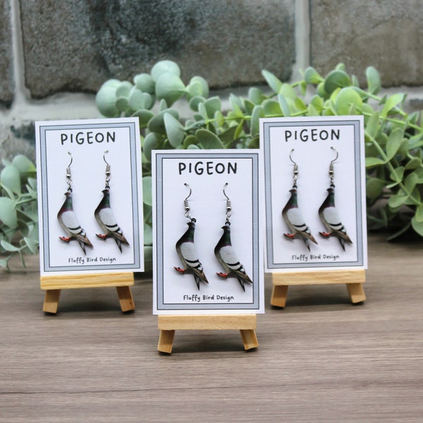 Pigeon Earrings, Wood Pigeon Earrings, Dangle Bird Earrings, Bird Lovers Gift, Twichers Gift, Kawaii Bird Earrings, Urban Bird