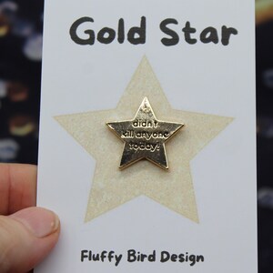 Gold star enamel pin on printed backing card titled “Gold Star.” Funny motivational badge for stress relief or anger management, adult humour gift, or neurodivergent reward pin.