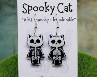 Skeleton Black Cat Dangle Earrings, Spooky Halloween Jewellery