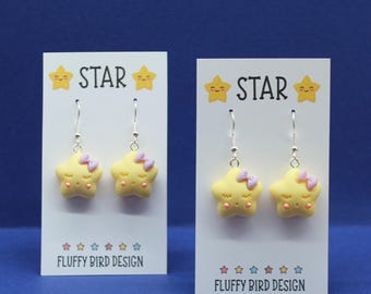 Kawaii Star Dangle Earrings: Yellow Sleepy Stars with Bows