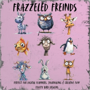 Funny Animal Digital Stickers Frazzled Friends PNG Bundle – 9 Cute PNG + Bonus Digital Stickers for Planners, Journals, & Creative Projects