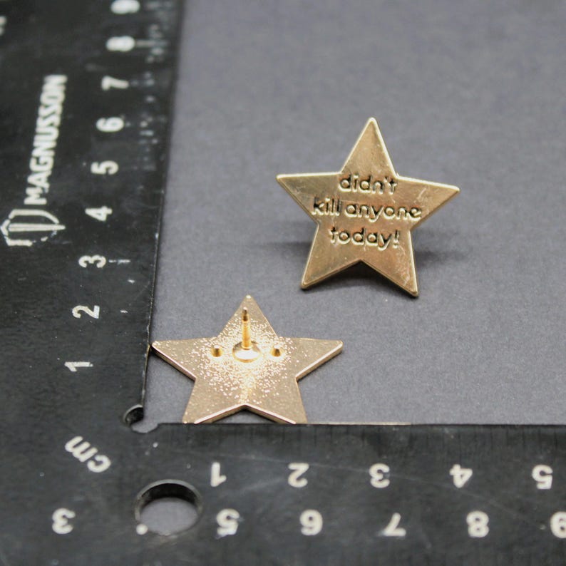 May include: Two gold-colored star-shaped pins. One pin has the text "didn't kill anyone today!" engraved on it. The other pin has a pin back. The pins are on a dark gray surface next to a ruler.