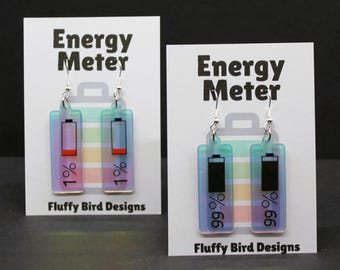 Battery Earrings, Energy Meter Jewellery, Tech Lover, Quirky Workaholic Dangle, Acrylic Accessory Dangles