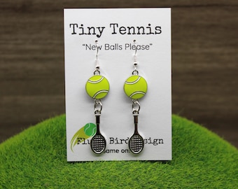 Tennis Ball and Racket Earrings, Silver Dangle Jewellery - Game, Set Match