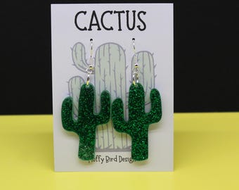 Cactus Earrings, Green Cacti Dangle Flower, Acrylic Summer Accessories