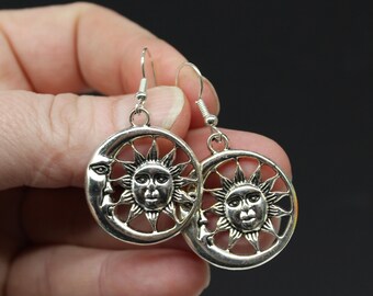 Sun and Moon Earrings, Bohemian Accessories, Celestial Silver Jewellery