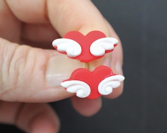 Heart Stud Earrings – Red Flying Hearts with White Wings, Romantic Jewellery Gift