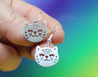 Silver Cat Dangle Earrings, Stainless Steel Feline Accessories, Animal Jewellery