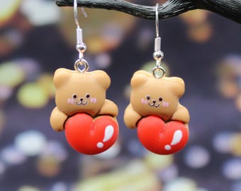 Bear Heart Drop Earrings – Valentine’s Day Gift, Handmade Bear Resin Jewellery