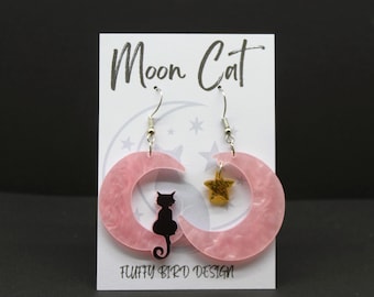 Cat Earrings – Pink Crescent Moon and Star Dangle Earrings, Celestial Jewellery, Acrylic Accessories