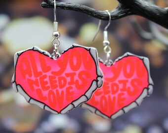 Heart Earrings, Accessories, All you need is Love Dangles, Quirky Fashion, Acrylic Gothic Skeleton