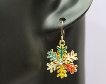Snowflake Earrings | Colourful Festive Dangles | Gold Winter Jewellery  | Rainbow Accessories