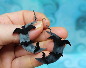 Bat Crescent Moon Earrings – Lightweight Gothic Acrylic Dangles