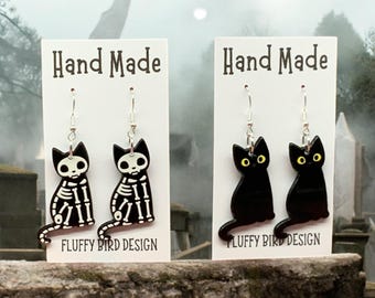 Skeleton Black Cat Dangle Earrings: Spooky Halloween Jewellery