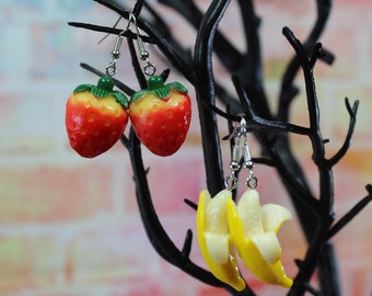 Banana Earrings, Strawberry Earrings Peeled Bananas Earrings. Unusual Cute Funny Kawaii Fruit Earrings, Friendship Gift, Fruit Earrings