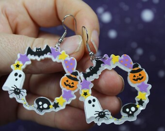 Wreath Earrings, Spooky Halloween Dangles with Pumpkins, Ghosts and Bats