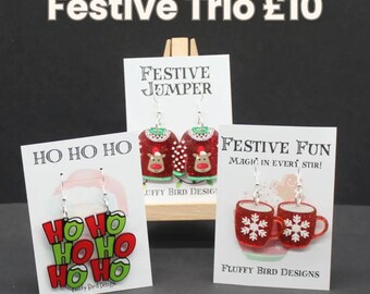 Christmas Earrings, HO HO HO, Reindeer Jumper & Festive Mug Earrings • Acrylic Xmas Jewellery Accessories