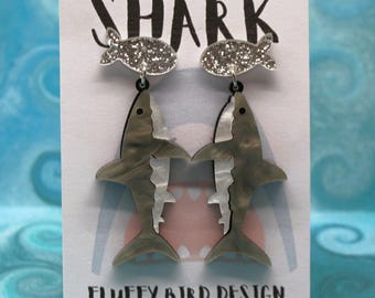 Shark Dangle Earrings – Acrylic Ocean Jewellery, Marine Animal Earrings, Summer Accessories