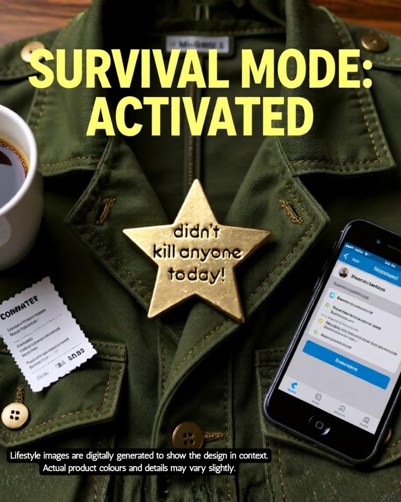 A close-up, flat lay composition featuring the star pin placed centrally on the collar of a high-quality, dark olive green canvas military jacket Scattered around the pin are visual elements symbolizing modern-day frustrations:  - This is AI generated for product suggestions.