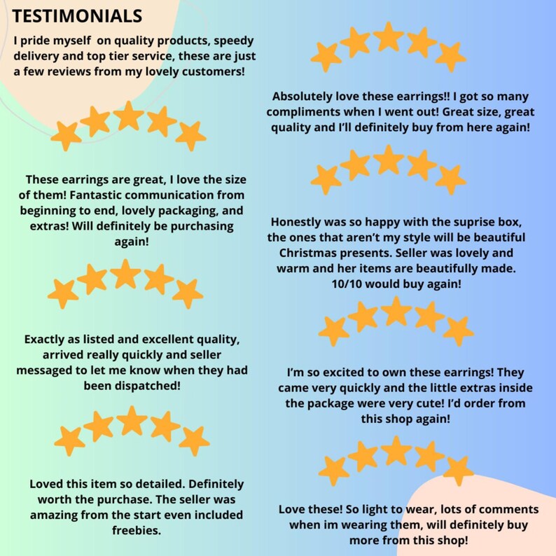 May include: A light blue background with the word "TESTIMONIALS" at the top. Several customer reviews are displayed, each accompanied by a row of golden stars, indicating positive feedback on product quality and service.