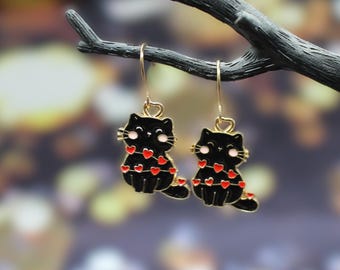 Black Cat Heart Earrings – Enamel Jewellery – Gift for Cat Lovers - Stocking Filler