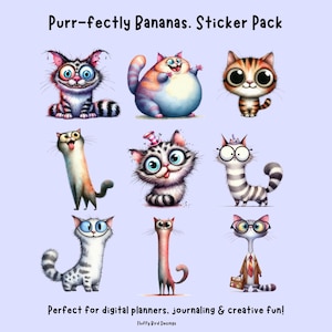 Pegatinas digitales de gatos: 9 PNG originales + 3 imágenes prediseñadas divertidas y adorables de regalo para agendas, diarios, álbumes de recortes y proyectos creativos.