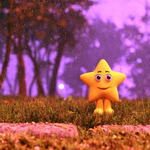 Cartoon-style star character standing on orange moss-like grass, part of themed product art. - This is a fluffy bird orgainal enhanced using AI