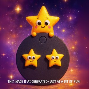 Cute animated-style star character perched above a black card holding two matching yellow star earrings. Surreal, magical space background. - This image is AI generated and is just done as a bit of fun!