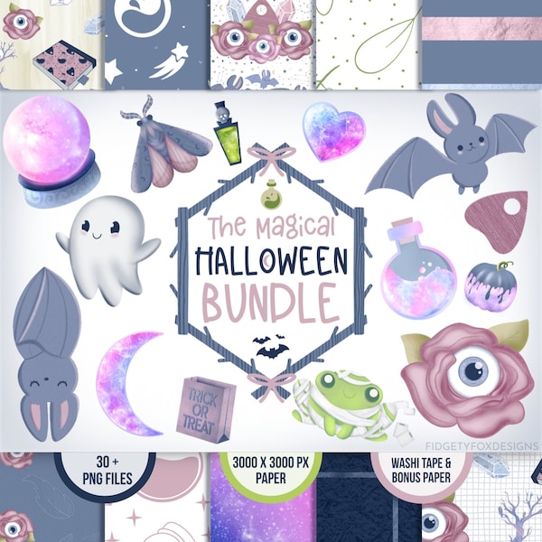 Magical Halloween Clipart Bundle, Holiday clipart, Halloween DIY, Digital paper, Ghost, Crystal ball, bats, Planchette, Moth, Pastel Goth