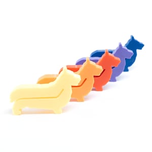 May include: A row of six colorful plastic dog figurines, arranged in a rainbow pattern from yellow to purple. The figurines are all facing the same direction, with their heads tilted slightly upwards.