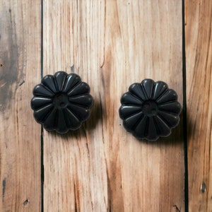 Vintage Black Plastic Flower Shaped Buttons Set of 2 22.25mm