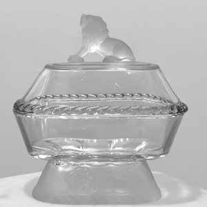 Antique Gillinder Clear Glass Frosted Lion Head Oval Compote with Lid 7.5&quot; Tall EAPG