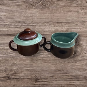 Vintage Red Wing Village Green Cream Pitcher and Sugar Dish Brown and Green