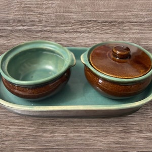 Vintage Red Wing Bakeware Green /  Brown. 4 Pieces- Small Crock, Small Lidded Crock and Platter with Handles.
