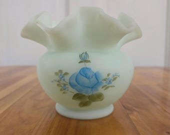 Vintage Fenton Blue Rose Satin Glass Hand-Painted Ruffled Vase
